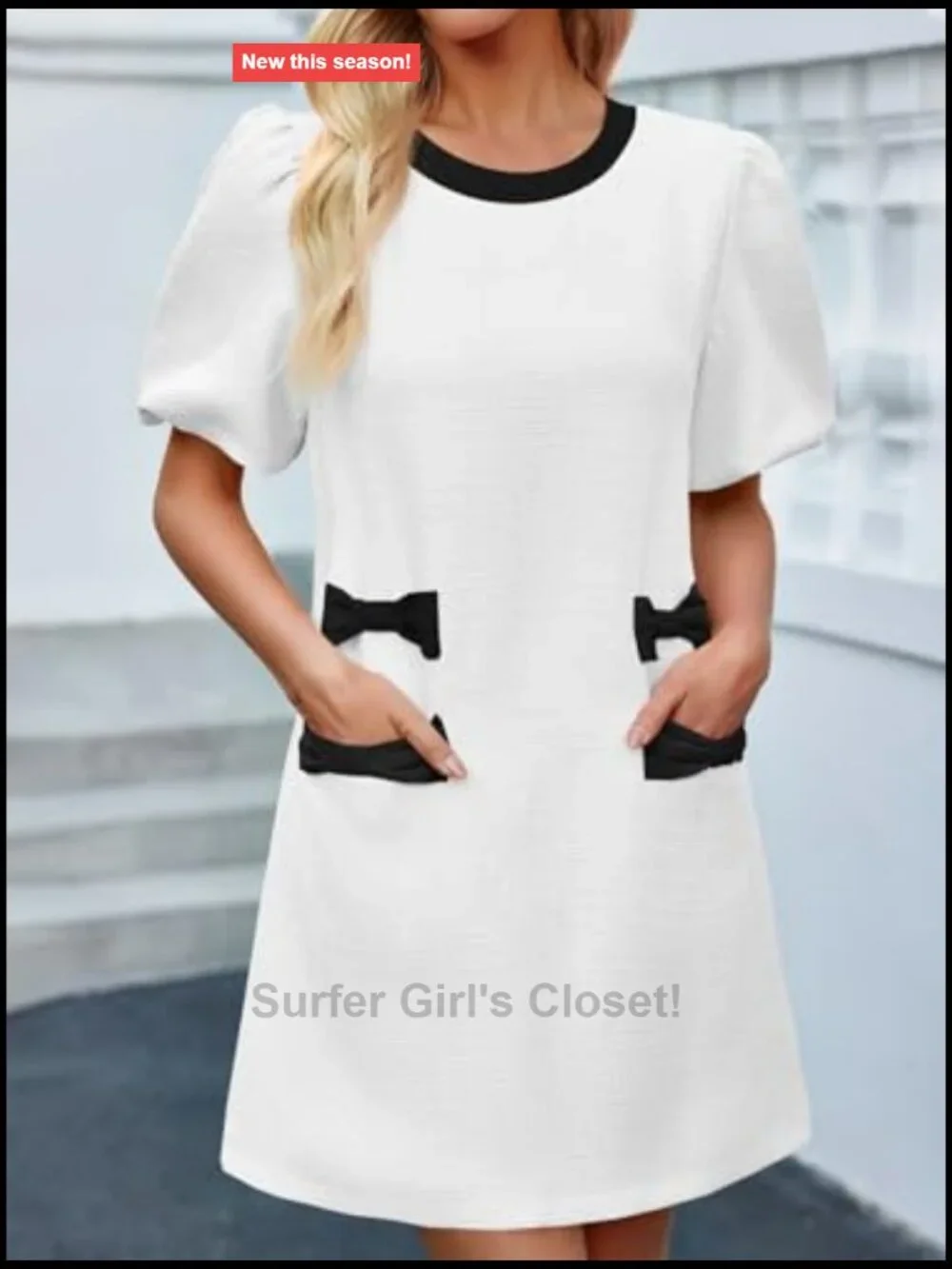 Women's Tweed Shift Mini Dress with Pockets Bow Puff Short Sleeve
